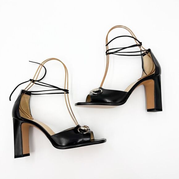 Gucci Horsebit Block Heels Ankle Wrap Sandals Black Leather 7.5 - Picture 7 of 12